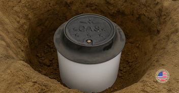 Partially installed meter pit with GAS cast iron lid, cast iron frame shown in a cross-section of soil.